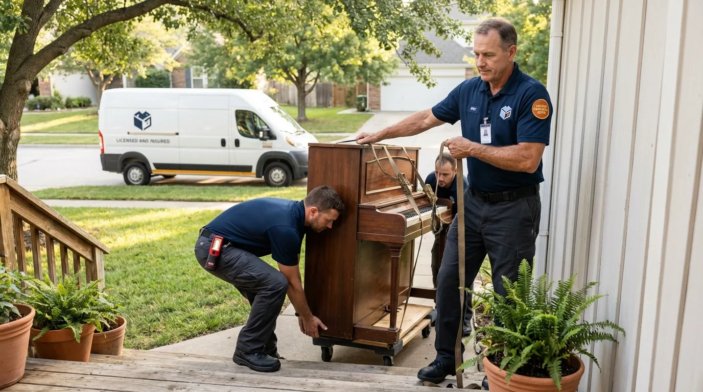 Licensed piano movers securing grand piano in Delano, MN