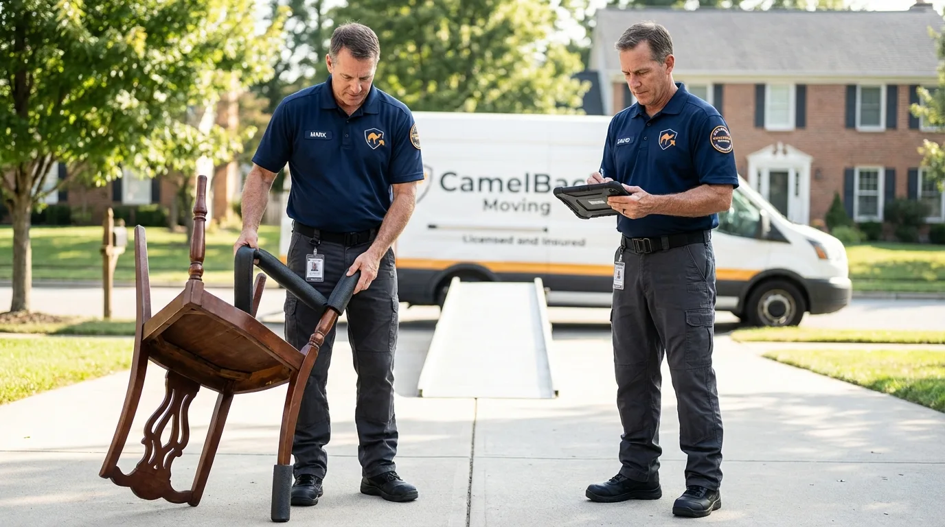 Movers inspecting furniture for damage prevention before loading in Delano, MN