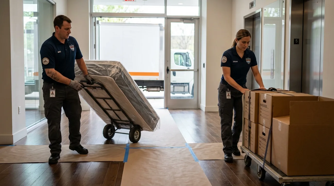 Professional apartment movers loading elevator in Delano, MN
