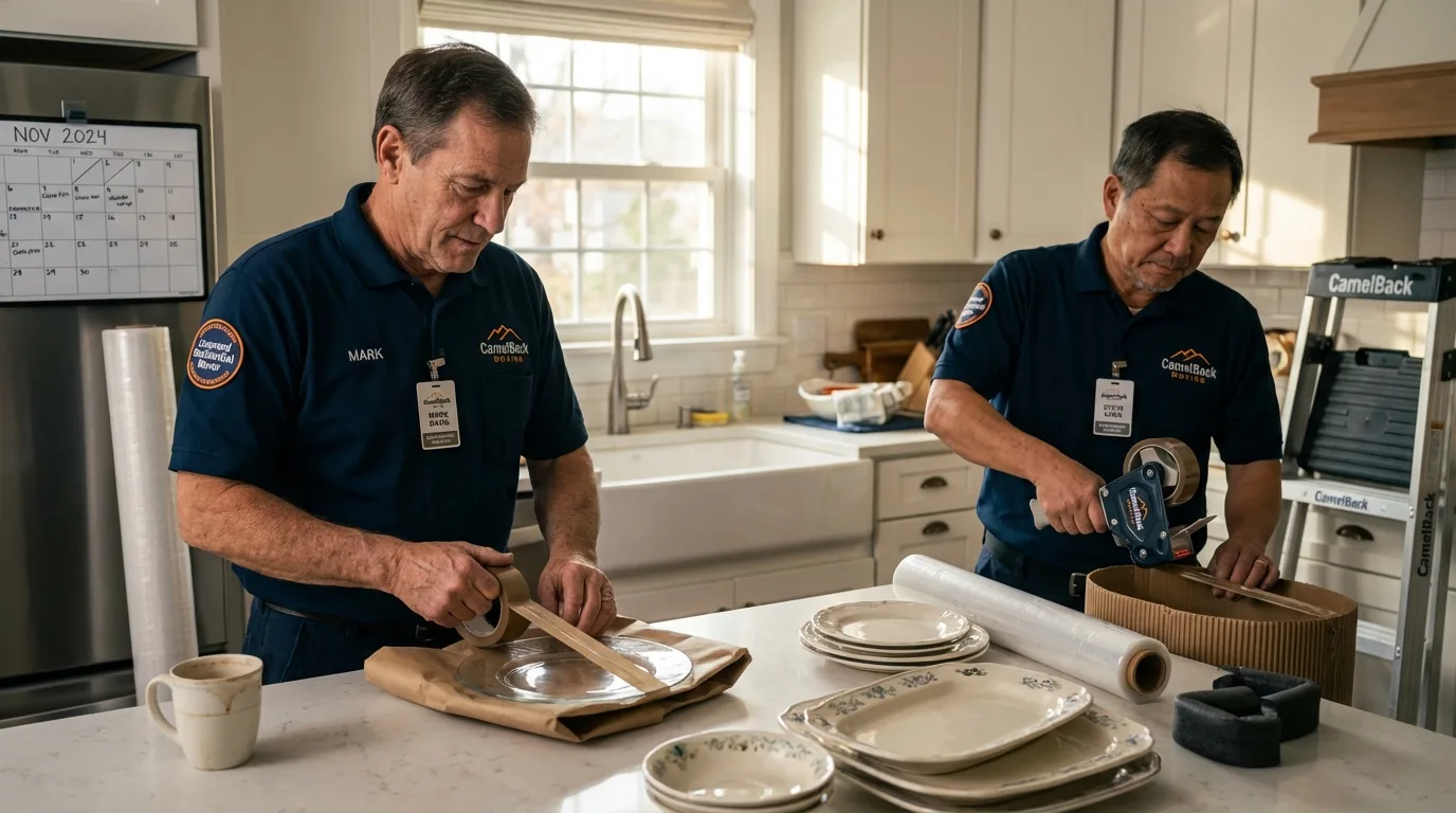 Professional crew packing kitchen dishware in Delano, MN